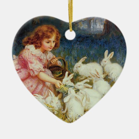 Meisje voert konijnen keramisch ornament (Voorkant)