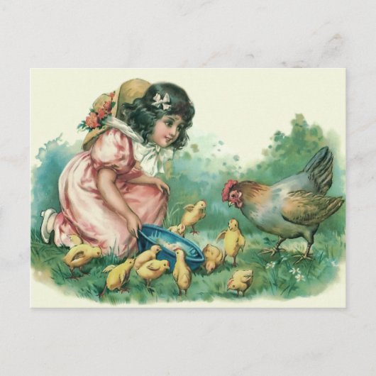 Meisje voert Pasen kuiken hen Feestdagenkaart (Voorkant)