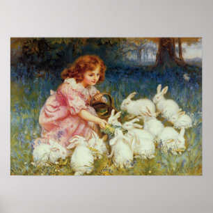 Meisje voert witte konijnen poster