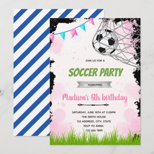Meisje voetbal verjaardagsuitnodiging kaart (Voorkant / Achterkant)