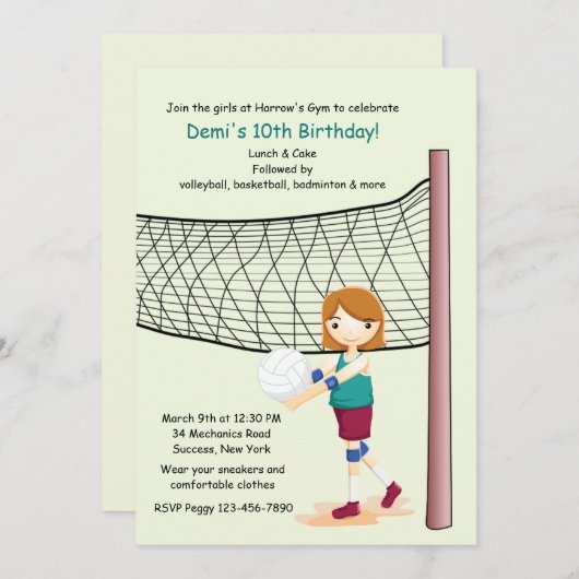 Meisje Volleybal Speler Verjaardagsfeest Uitnodigi Kaart (Voorkant / Achterkant)