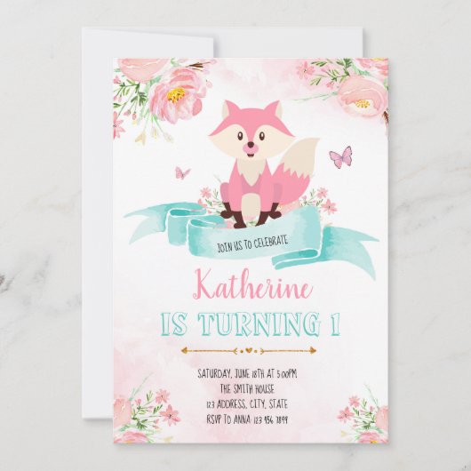 Meisje vos verjaardagsuitnodiging kaart (Voorkant)