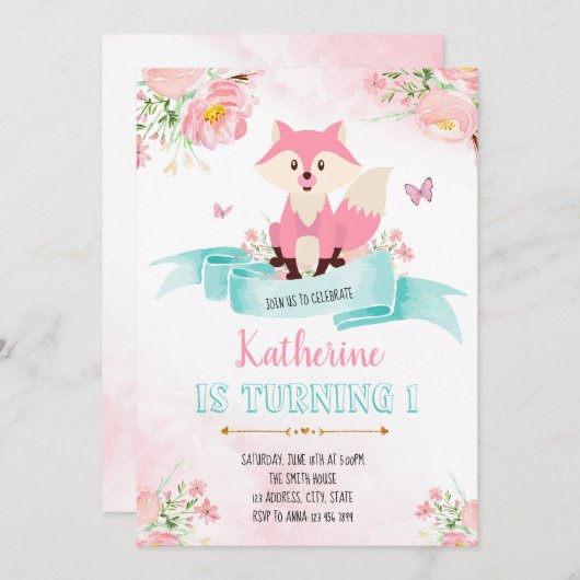 Meisje vos verjaardagsuitnodiging kaart (Voorkant / Achterkant)