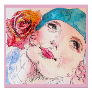 Meisje Vrouw Roze Waterverf Aqua Baret Roos Poster