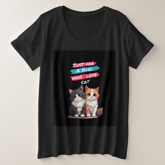 Meisje/Vrouwen Zwart T-shirts, Kat ontwerp. Grote Maat T-shirt (Design voorkant)
