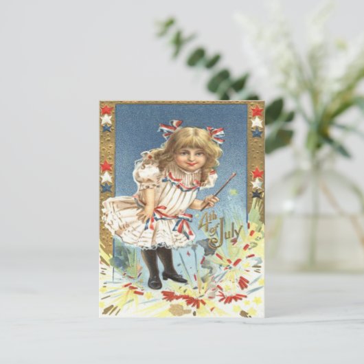 Meisje Vuurwerk Firecracker Sterren & Strepen Briefkaart (Staand voorkant)