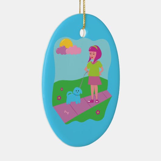 Meisje Walking Dog Keramisch Ornament (Rechts)