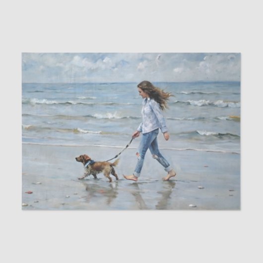Meisje Walking Dog op het strand Decoupage Tissuepapier (Voorkant)