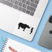 Meisje Walking Haar Pet Rhino Grappig Gag Gift Ide Sticker (Laptop met iPhone)