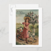 Meisje Walking Lamb, Chick en Rooster Briefkaart (Voorkant / Achterkant)