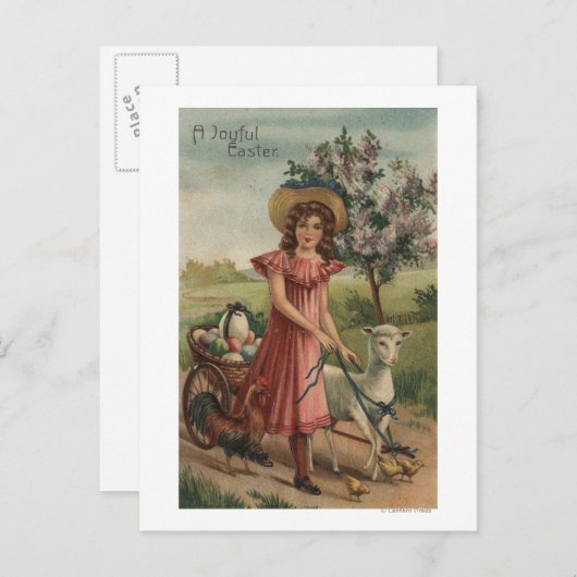Meisje Walking Lamb, Chick en Rooster Briefkaart (Voorkant / Achterkant)