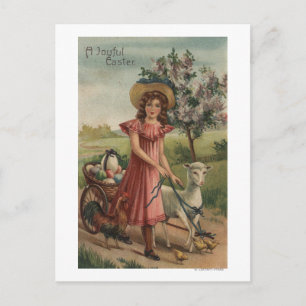 Meisje Walking Lamb, Chick en Rooster Briefkaart