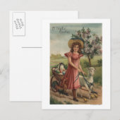 Meisje Walking Lamb, Chick en Rooster Briefkaart (Voorkant / Achterkant)