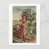 Meisje Walking Lamb, Chick en Rooster Briefkaart (Voorkant)
