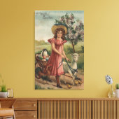 Meisje Walking Lamb, Chick en Rooster Canvas Afdruk (Insitu (Woonkamer))