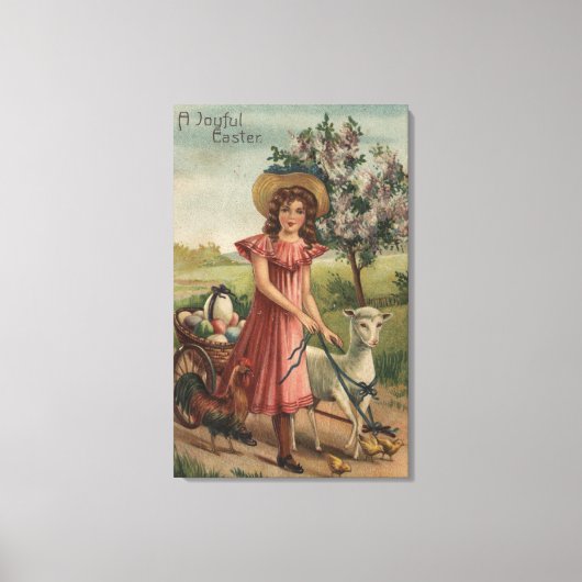 Meisje Walking Lamb, Chick en Rooster Canvas Afdruk (Voorkant)