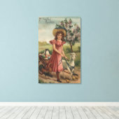 Meisje Walking Lamb, Chick en Rooster Canvas Afdruk (Insitu (Houten vloer))