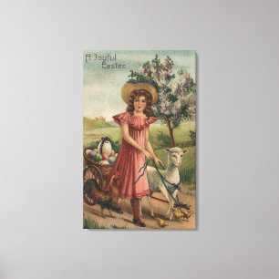 Meisje Walking Lamb, Chick en Rooster Canvas Afdruk
