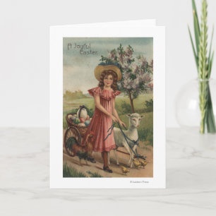 Meisje Walking Lamb, Chick en Rooster Feestdagen Kaart