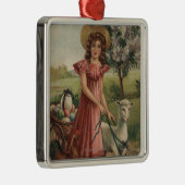 Meisje Walking Lamb, Chick en Rooster Metalen Ornament (Rechts)