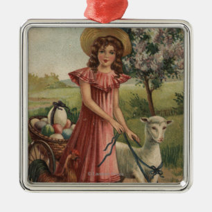 Meisje Walking Lamb, Chick en Rooster Metalen Ornament