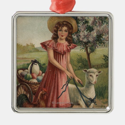 Meisje Walking Lamb, Chick en Rooster Metalen Ornament (Voorkant)