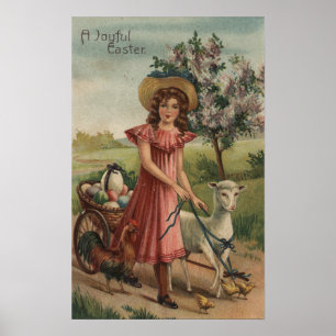 Meisje Walking Lamb, Chick en Rooster Poster