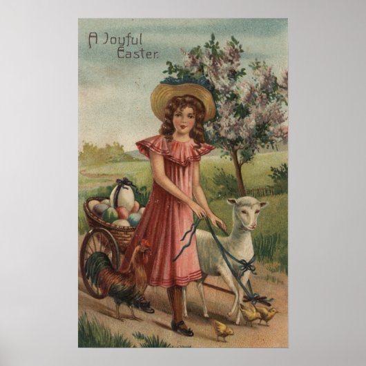 Meisje Walking Lamb, Chick en Rooster Poster (Voorkant)