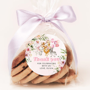 Meisje watercolor safari verjaardagsfeestje ronde sticker