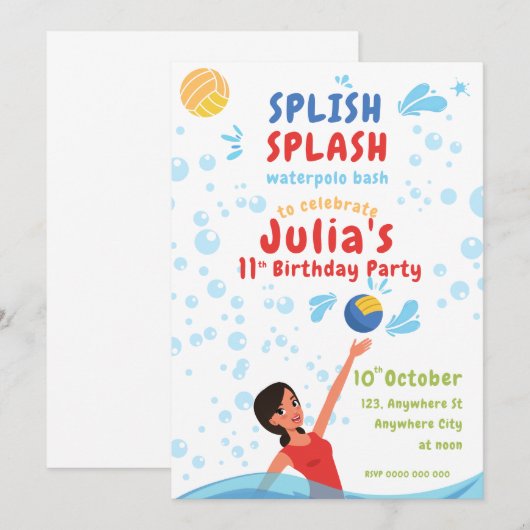 Meisje Waterpolo Party uitnodiging (Voorkant / Achterkant)