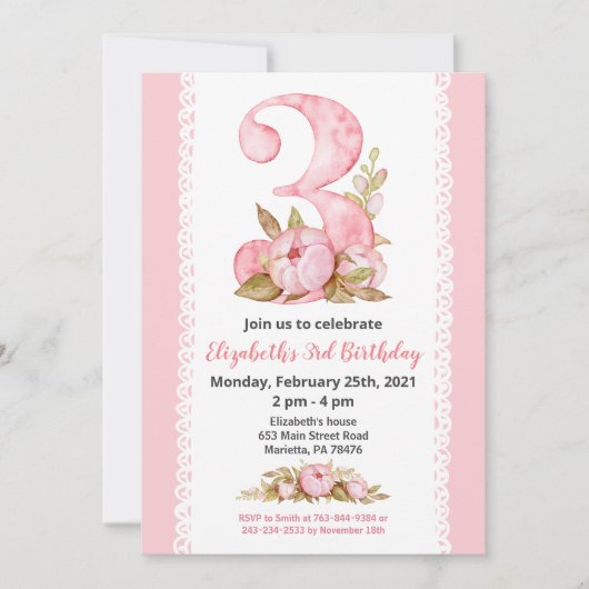 Meisje Waterverf Bloemen 3e verjaardag Uitnodiging (Voorkant)