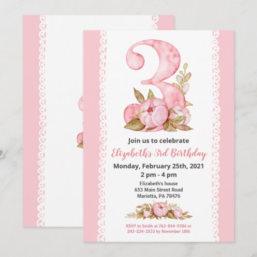 Meisje Waterverf Bloemen 3e verjaardag Uitnodiging (Voorkant / Achterkant)