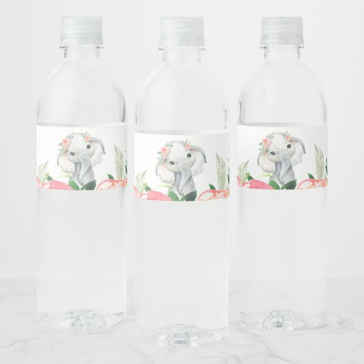 Meisje Waterverf Bloemenolifant Baby shower Waterfles Etiket (Flessen)