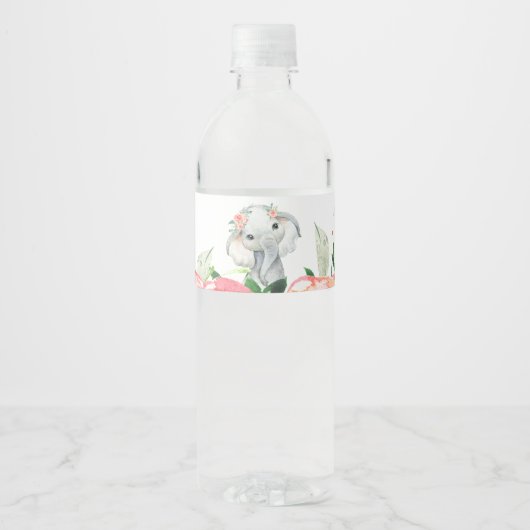 Meisje Waterverf Bloemenolifant Baby shower Waterfles Etiket (Voorkant)