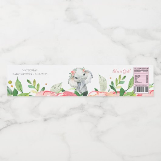 Meisje Waterverf Bloemenolifant Baby shower Waterfles Etiket (Enkel label)
