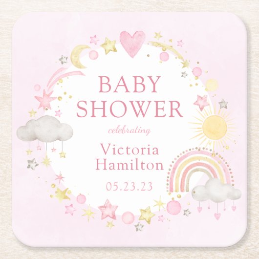 Meisje Waterverf Rainbow Baby shower Kartonnen Onderzetters (Voorkant)