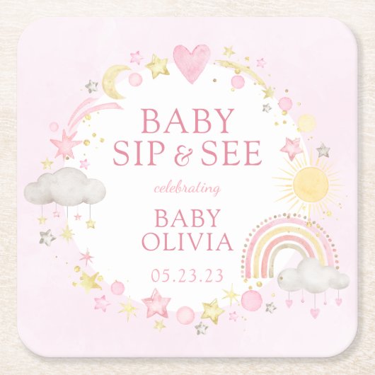 Meisje Waterverf Rainbow Baby Sip en zie Kartonnen Onderzetters (Voorkant)