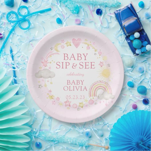 Meisje Waterverf Rainbow Baby Sip en zie Papieren Bordje (Feest)