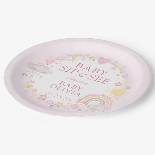 Meisje Waterverf Rainbow Baby Sip en zie Papieren Bordje (Gekanteld)