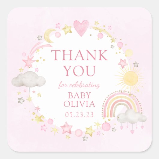 Meisje Waterverf Rainbow Baby Sip en zie Vierkante Sticker (Voorkant)