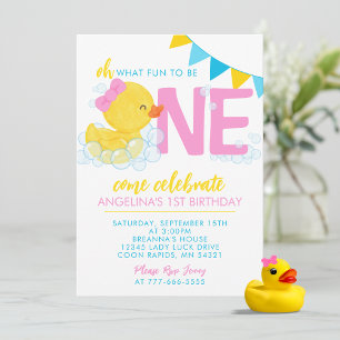 Meisje Waterverf Rubber Duck 1e Verjaardagsfeestje Kaart