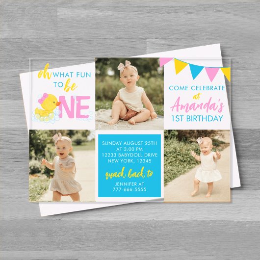 Meisje Waterverf Rubber Duck 3 Foto Verjaardag Acryl Uitnodigingen