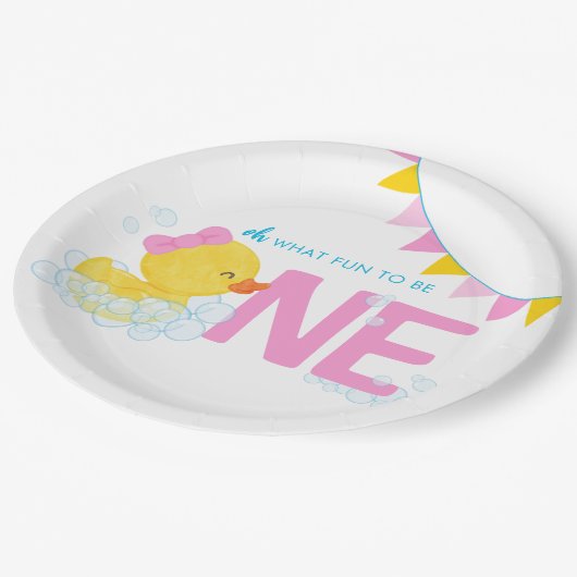 Meisje Waterverf Rubber Duck ONE 1e Verjaardag Papieren Bordje (Gekanteld)