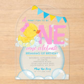 Meisje Waterverf Rubber Eend 1e Verjaardag Uniek Acryl Uitnodigingen (Voorkant)