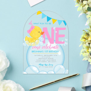 Meisje Waterverf Rubber Eend 1e Verjaardag Uniek Acryl Uitnodigingen