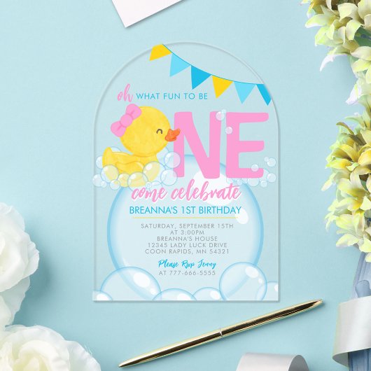 Meisje Waterverf Rubber Eend 1e Verjaardag Uniek Acryl Uitnodigingen