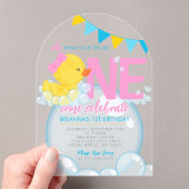 Meisje Waterverf Rubber Eend 1e Verjaardag Uniek Acryl Uitnodigingen