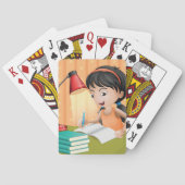 Meisje werkt op een bureau pokerkaarten (Achterkant)