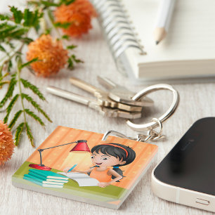 Meisje werkt op een bureau Sleutelhanger