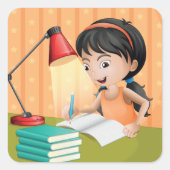 Meisje werkt op een bureau vierkante sticker (Voorkant)